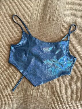Holographic Blue Iridescent Spaghetti Strap Crop Top
